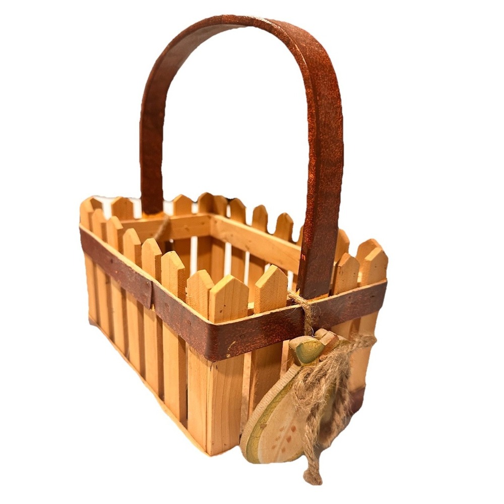 Picket‎ Wood Fence Basket With Pears Brown Handle Farm Style Country